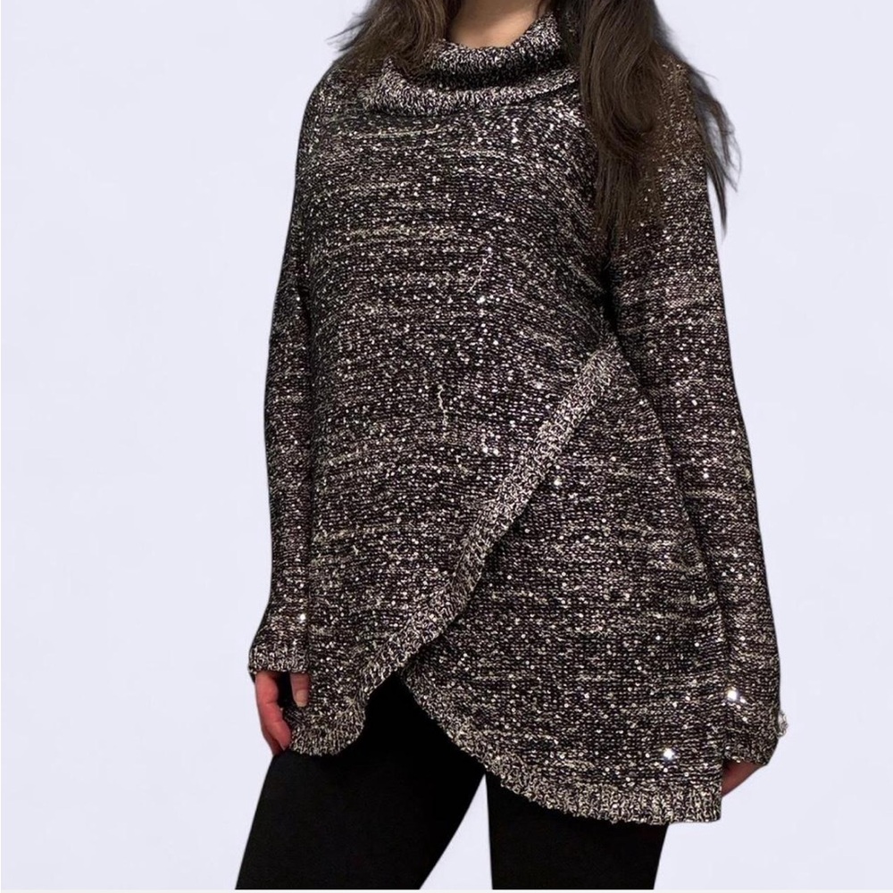Belldini Black Silver Metallic Cowl Neck Tunic Sweater Women's Large Sequin